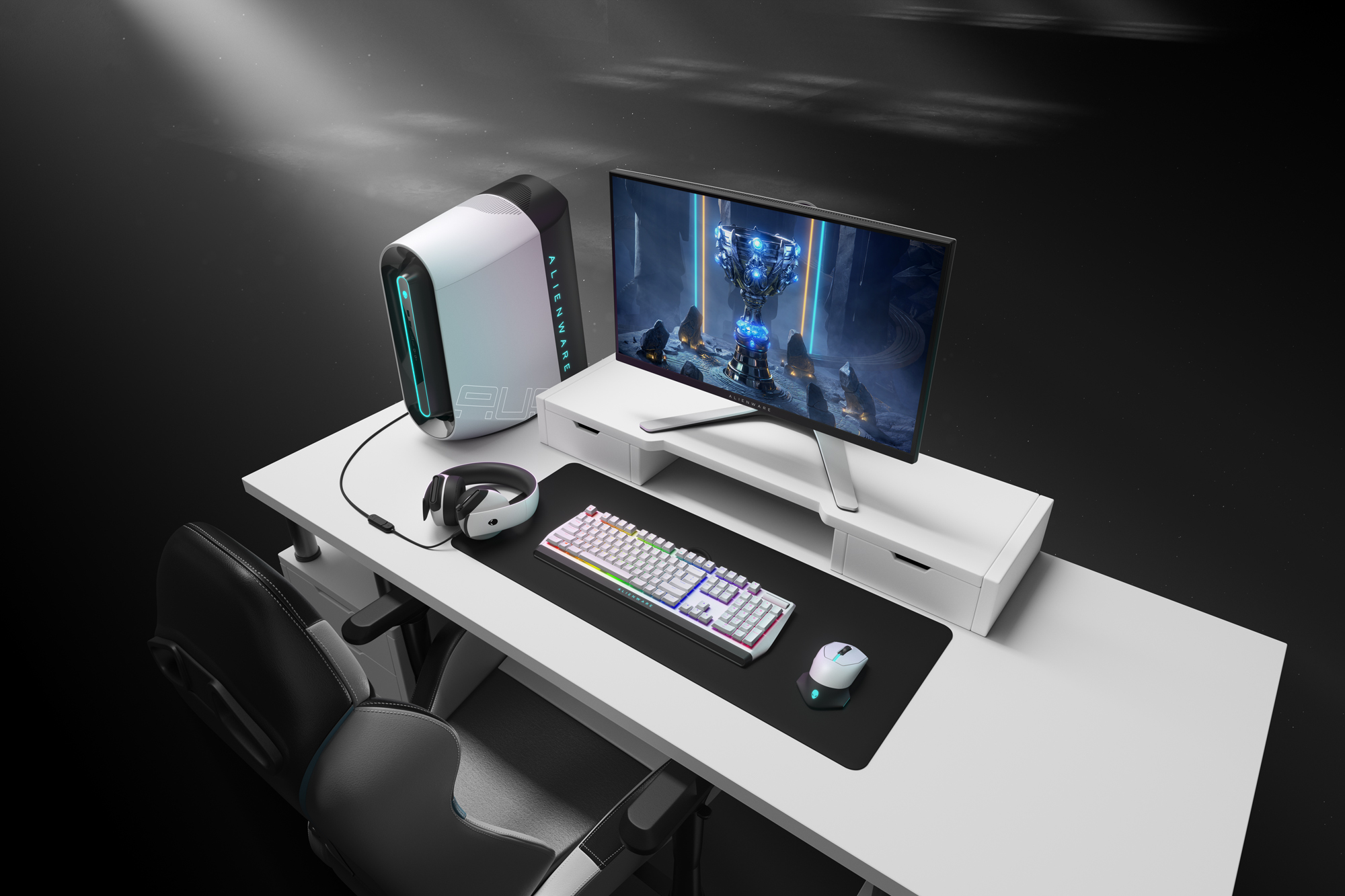 Alienware Gaming Setup – Full CGI Visualization | Rendered by Digital Imaging Group for Dell Fully CGI render of an Alienware gaming setup with desktop, monitor, headset, keyboard, and gaming chair, created by Digital Imaging Group for Dell