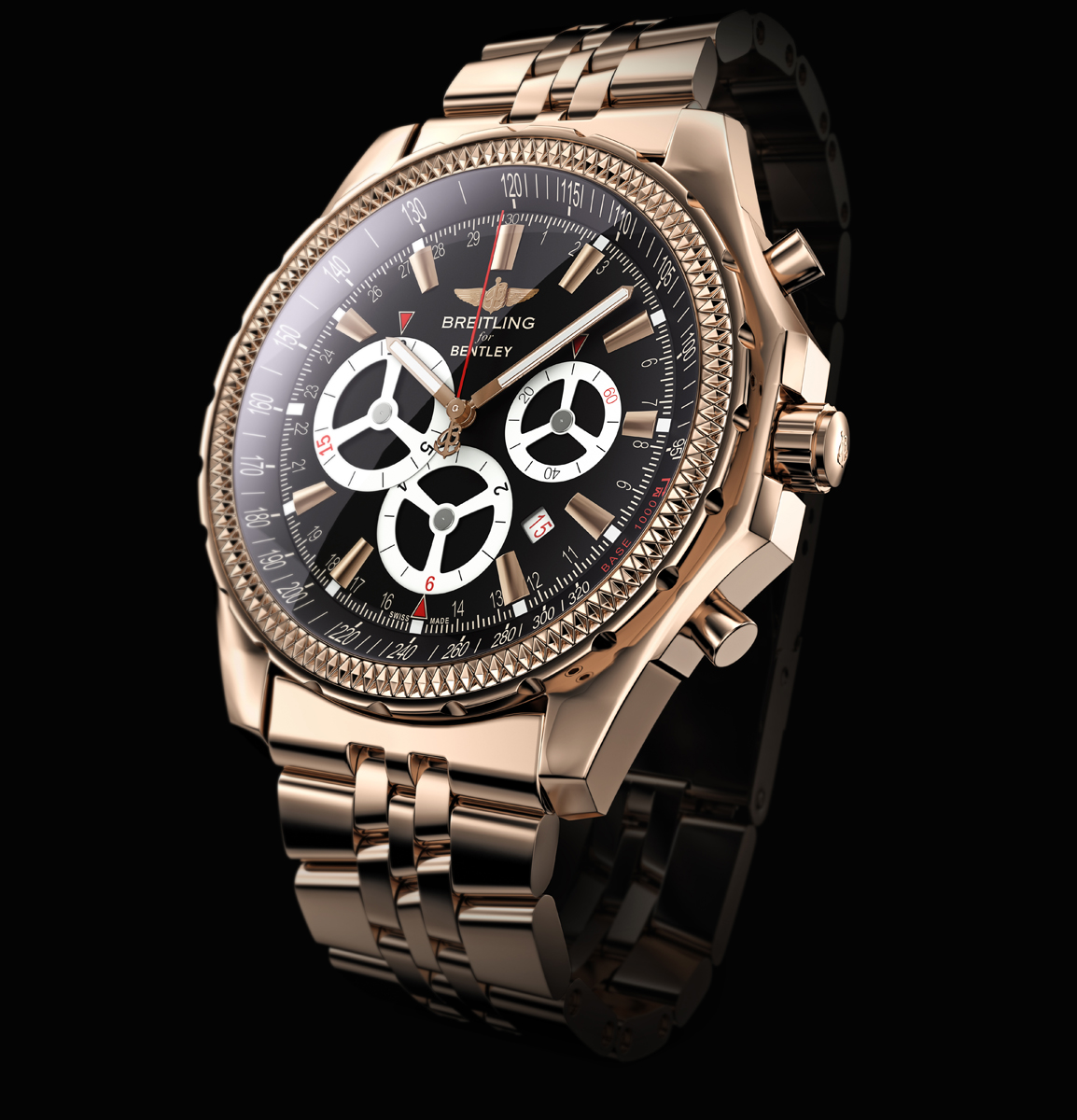 Breitling for Bentley Chronograph Watch | 3D Luxury Watch Render by Digital Imaging Group 3D rendered Breitling for Bentley gold chronograph watch with black dial and metal bracelet, created by Digital Imaging Group