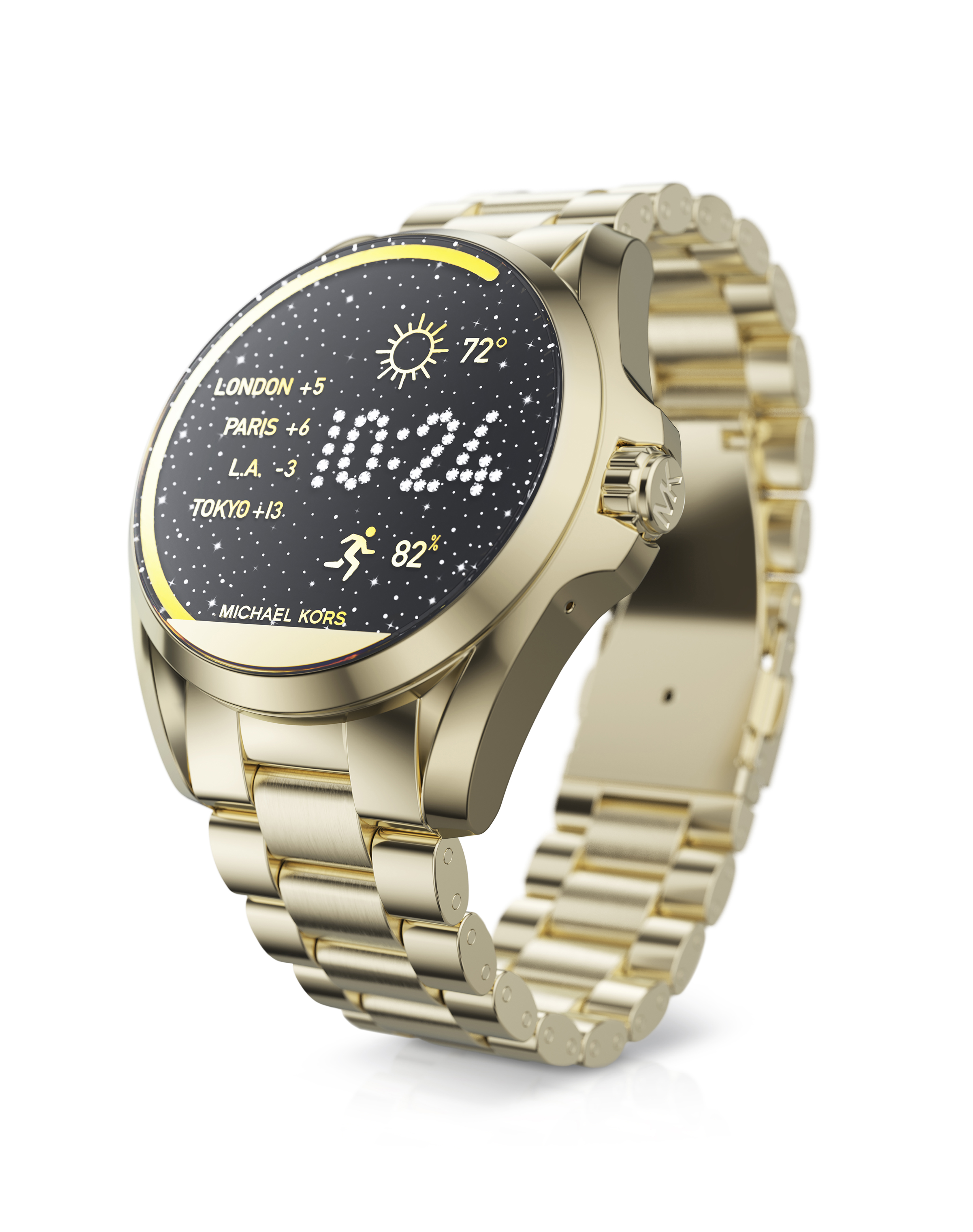 3D rendered gold Michael Kors touchscreen smartwatch with starry digital display and world time interface, created by Digital Imaging Group for Fossil
