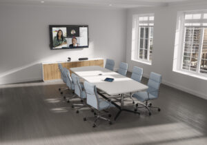 CGI render of executive conference room with hybrid meeting display