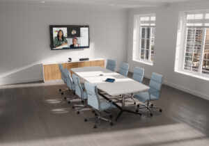CGI rendering of modern conference room with video conferencing setup