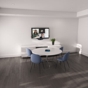 CGI rendering of a compact meeting room with Dell collaboration tools