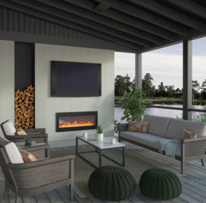 CGI-rendered covered patio with lake view, fireplace, and contemporary outdoor seating